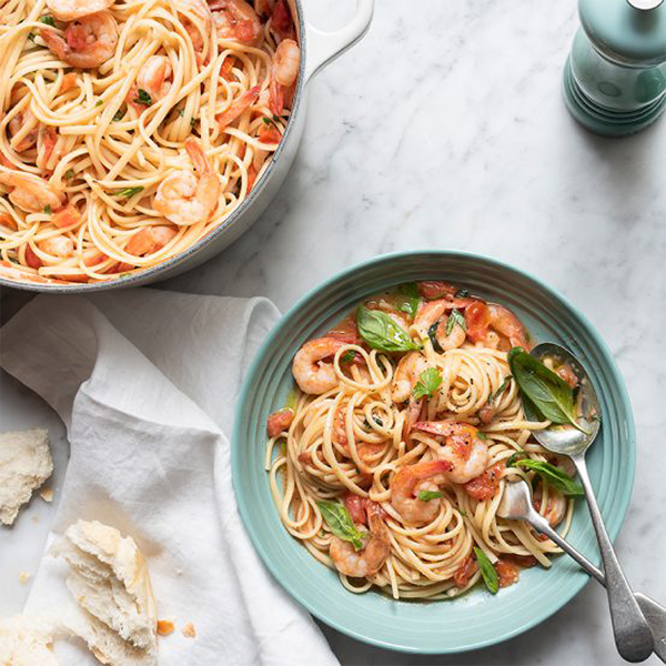 Linguine with Herbed Shrimp in a Fresh Tomato and Garlic Sauce