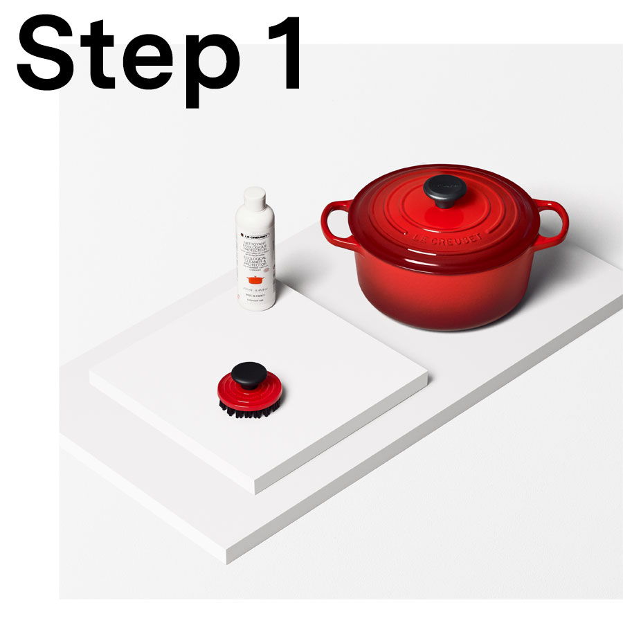 Apply the Le Creuset Cookware Cleaner to the desired surface with a damp paper towel.