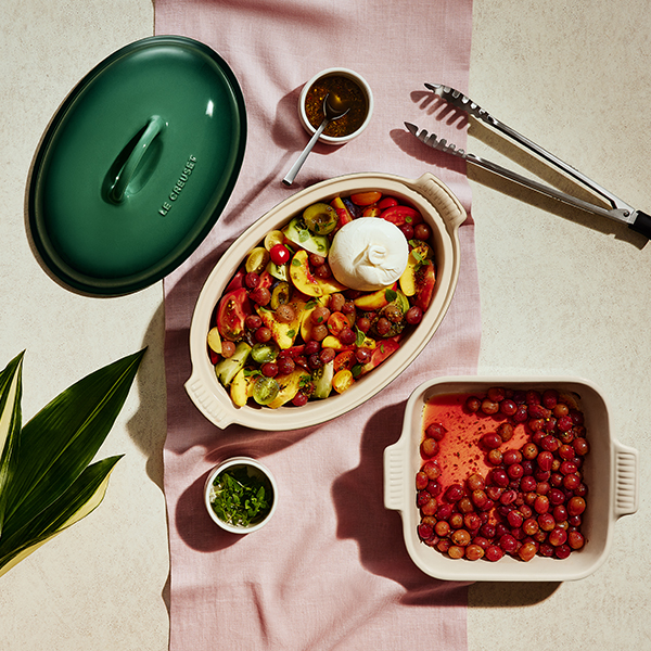 Fruit and Tomato Caprese Salad with Burrata and Roasted Grapes