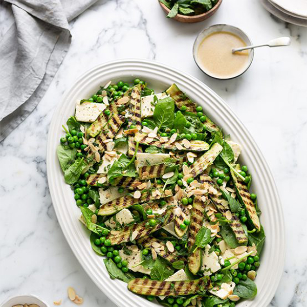 Spinach Salad with Grilled Zucchini, Peas, Feta and Mint