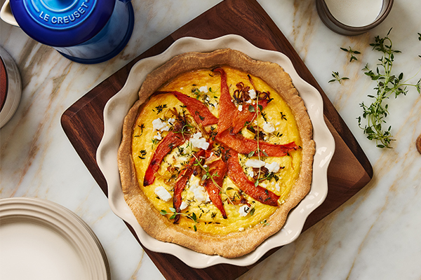 Squash, caramelized onion and goat cheese quiche