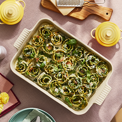 Lasagna Verde with Garlic Scapes, Mozzarella and Peas