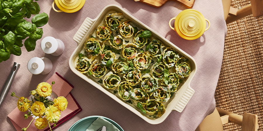 Lasagna Verde with Garlic Scapes, Mozzarella and Peas