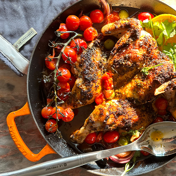 Seared & Sizzlin’ Chermoula Brick Chicken