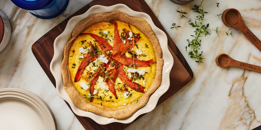 Squash, caramelized onion and goat cheese quiche
