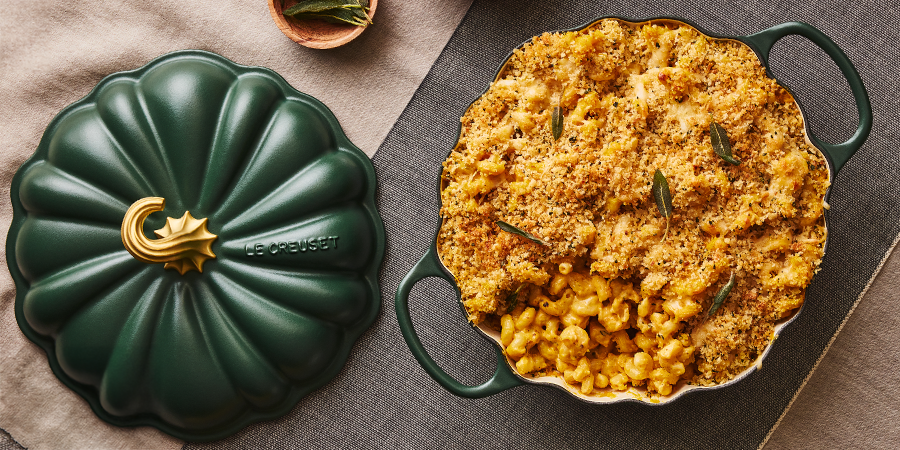 Macaroni and cheese with squash & crunchy hazelnut butter and sage breadcrumbs