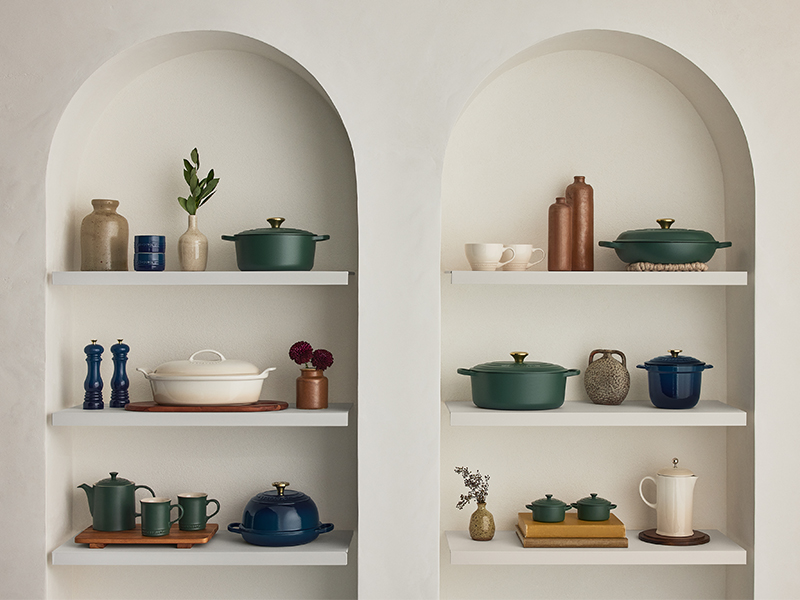 Forêt cookware styled with other Le Creuset colours