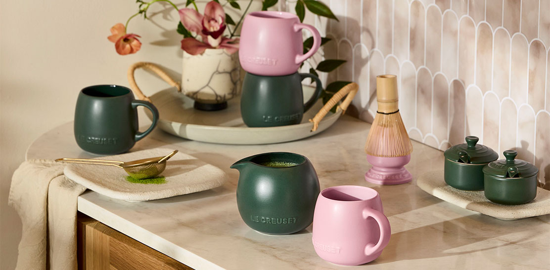 The Serenity Collection in Forêt and Sugar Pink, arranged for a quiet matcha ritual