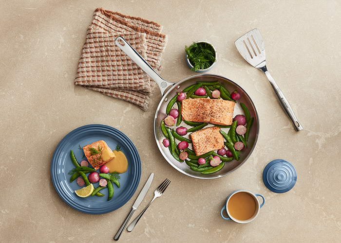 Seared Salmon with Radishes, Sugar Snap Peas and Miso Sauce