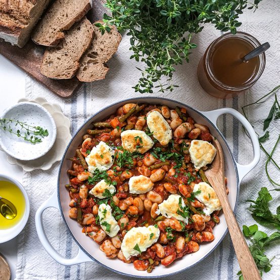 Greek Style Tomato and Butter Bean Bake with Feta and Honey Topping