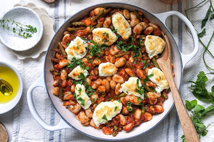 Greek Style Tomato and Butter Bean Bake with Feta and Honey Topping