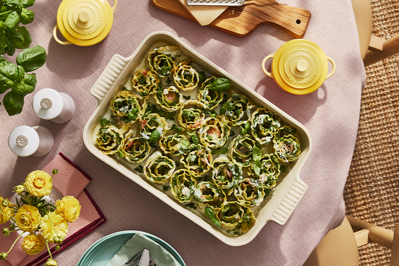 Lasagna Verde with Garlic Scapes, Mozzarella and Peas