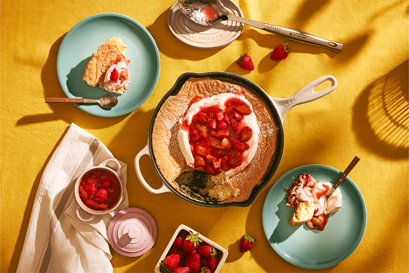 Strawberry & rhubarb shortcake in a deep skillet